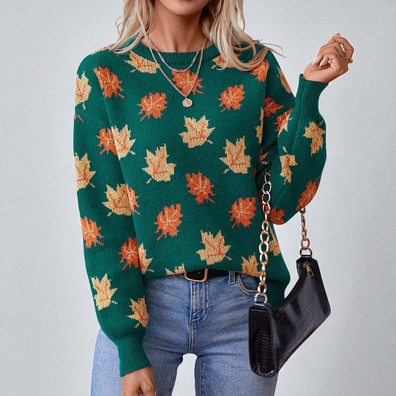 Lumina Wear Isabella women's sweater with relaxed fit, autumn leaf pattern, ribbed details, cozy knit for fall wear.