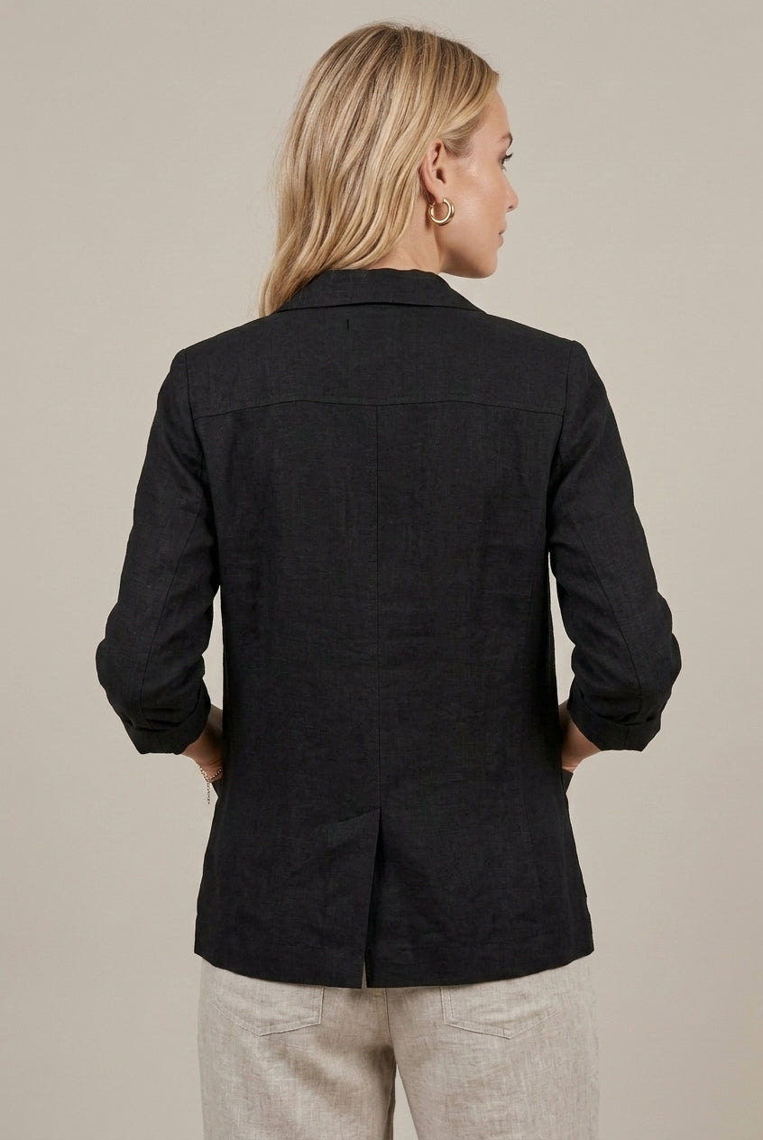 Lumina Wear Isabella relaxed fit linen blazer with ruched sleeves, showcasing lightweight fabric and stylish design.