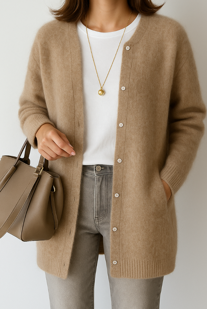 Light gray Isabella Lumina Wear relaxed fit long cardigan with patch pockets, front view showing soft knit fabric and cozy style.