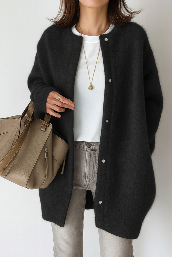 Lumina Wear Isabella relaxed fit long cardigan with patch pockets, soft knit fabric, and open front design.