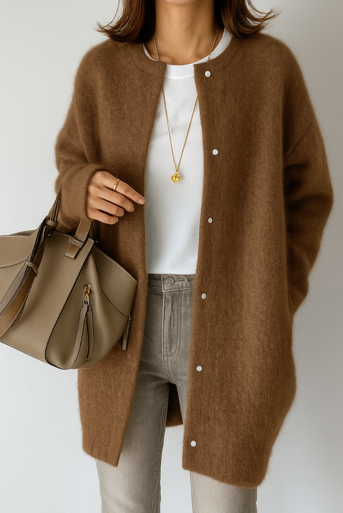 Light gray Lumina Wear Isabella relaxed fit long cardigan with patch pockets, shown hanging open on a neutral background.