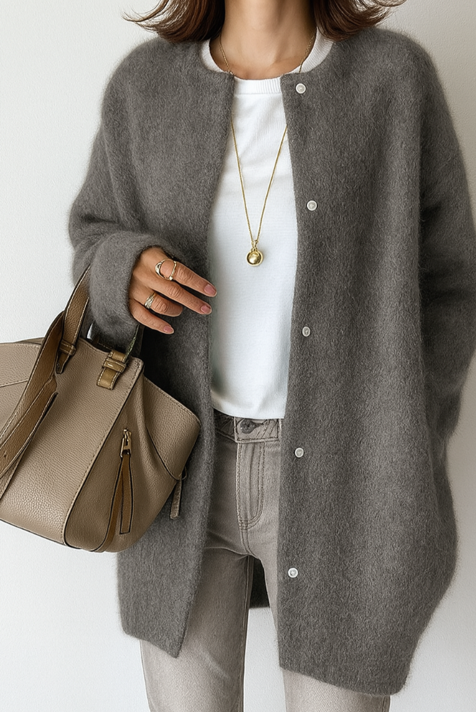 Light gray Lumina Wear Isabella relaxed fit long cardigan with patch pockets, draped open front and cozy knit texture.