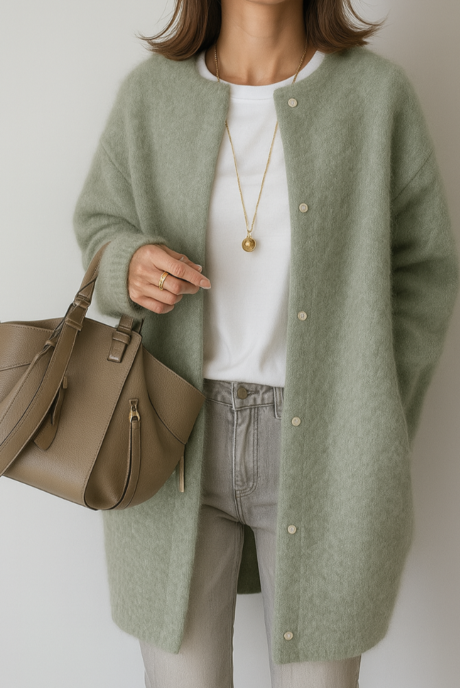 Lumina Wear Isabella relaxed fit long cardigan with patch pockets, soft knit fabric and open front design.