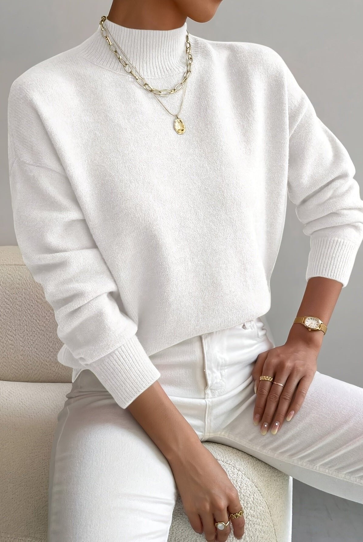Lumina Wear Isabella relaxed fit soft knit sweater with mock turtleneck, beige color, cozy and stylish for casual wear