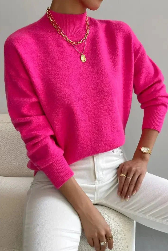 Lumina Wear Isabella relaxed fit soft knit sweater with mock turtleneck, displaying its cozy material and stylish design.