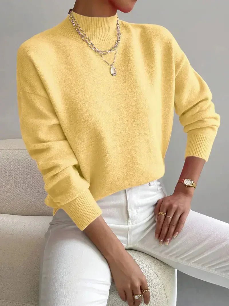 Lumina Wear Isabella women's relaxed fit soft knit sweater with mock turtleneck, cozy and stylish for casual wear.