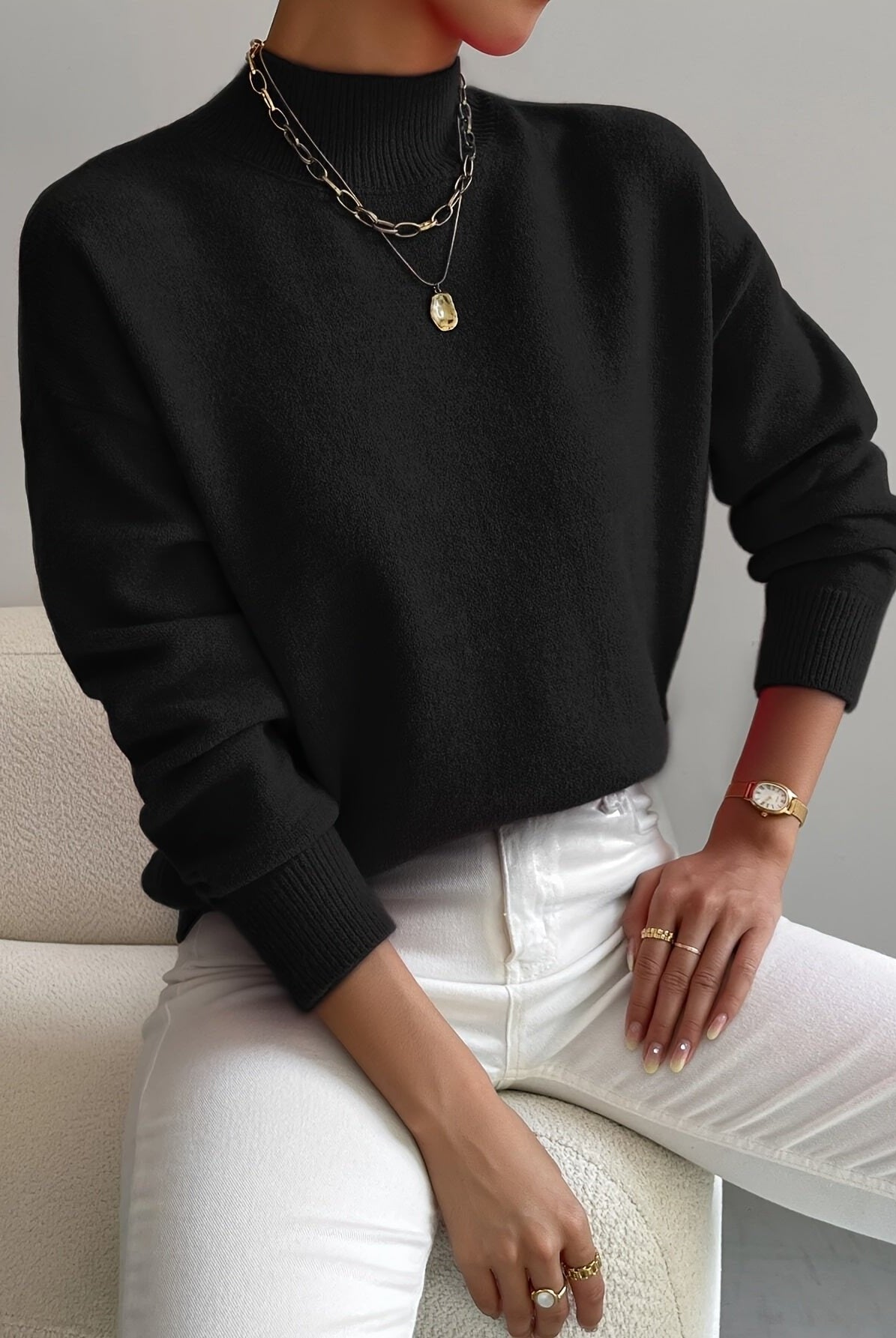 Lumina Wear Isabella relaxed fit soft knit sweater with mock turtleneck, cozy and stylish for casual wear.