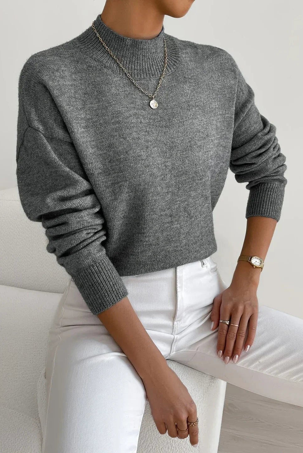 Lumina Wear Isabella relaxed fit soft knit sweater with mock turtleneck, featuring cozy fabric and casual style.