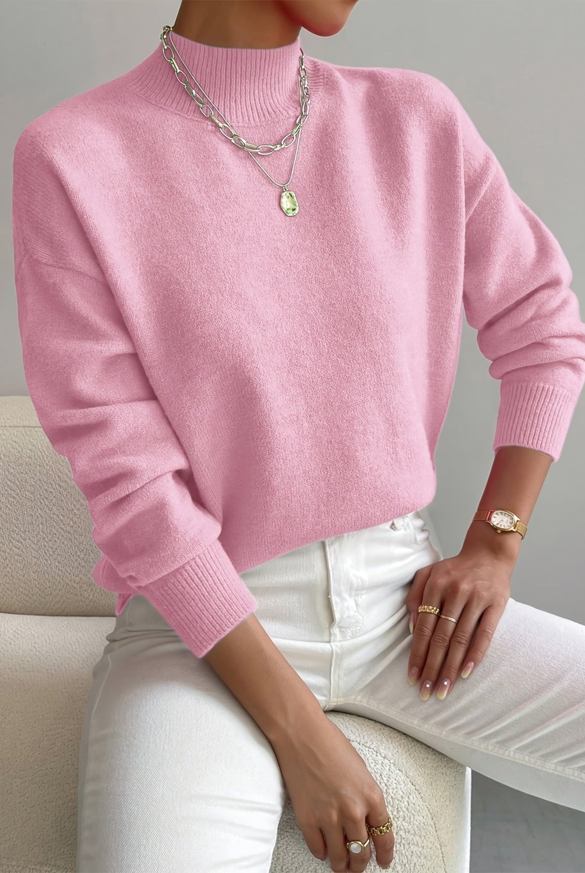 Lumina Wear Isabella relaxed fit soft knit sweater with mock turtleneck, shown in a cozy, casual style.
