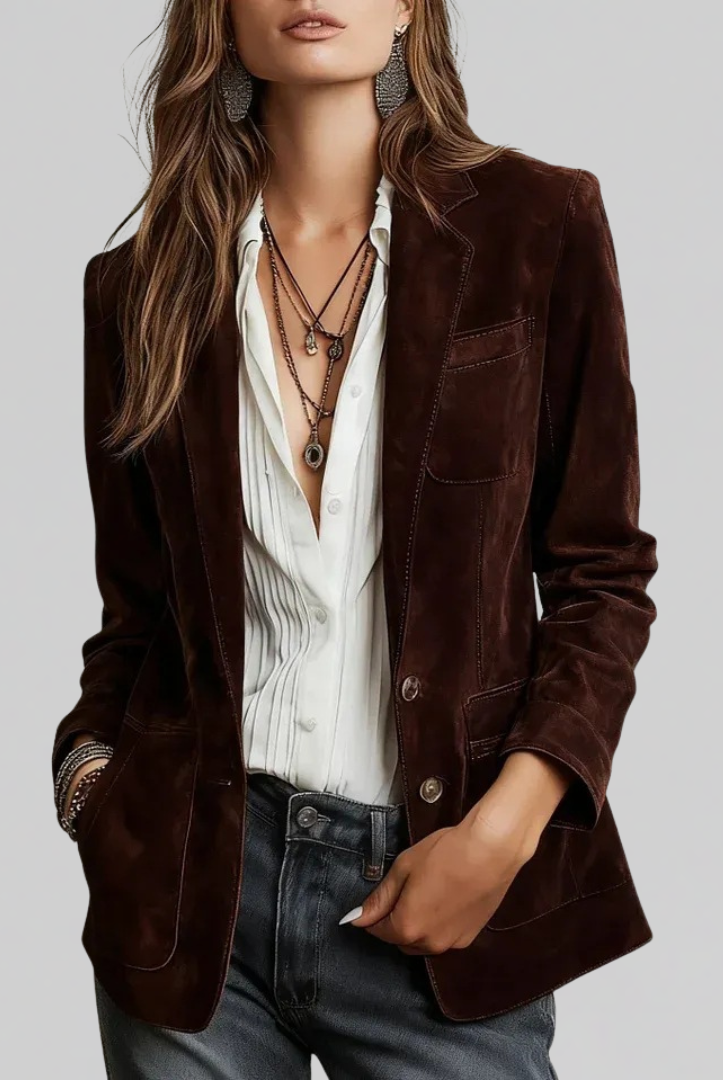 Lumina Wear Isabella relaxed fit blazer with soft suede-touch fabric and notched lapels, stylish and comfortable for versatile wear.