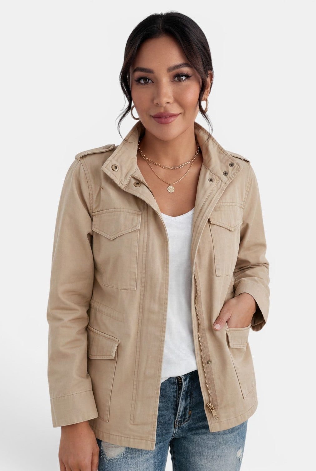 Lumina Wear Isabella relaxed fit utility jacket with adjustable collar, shown in a casual outdoor setting.
