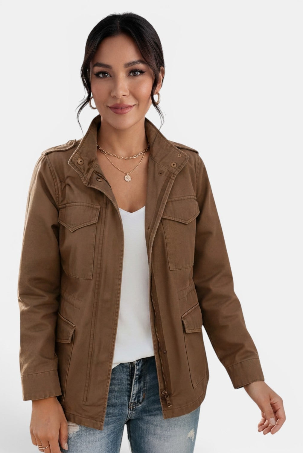Light gray Lumina Wear Isabella relaxed fit utility jacket with adjustable collar, featuring multiple front pockets and a casual style.
