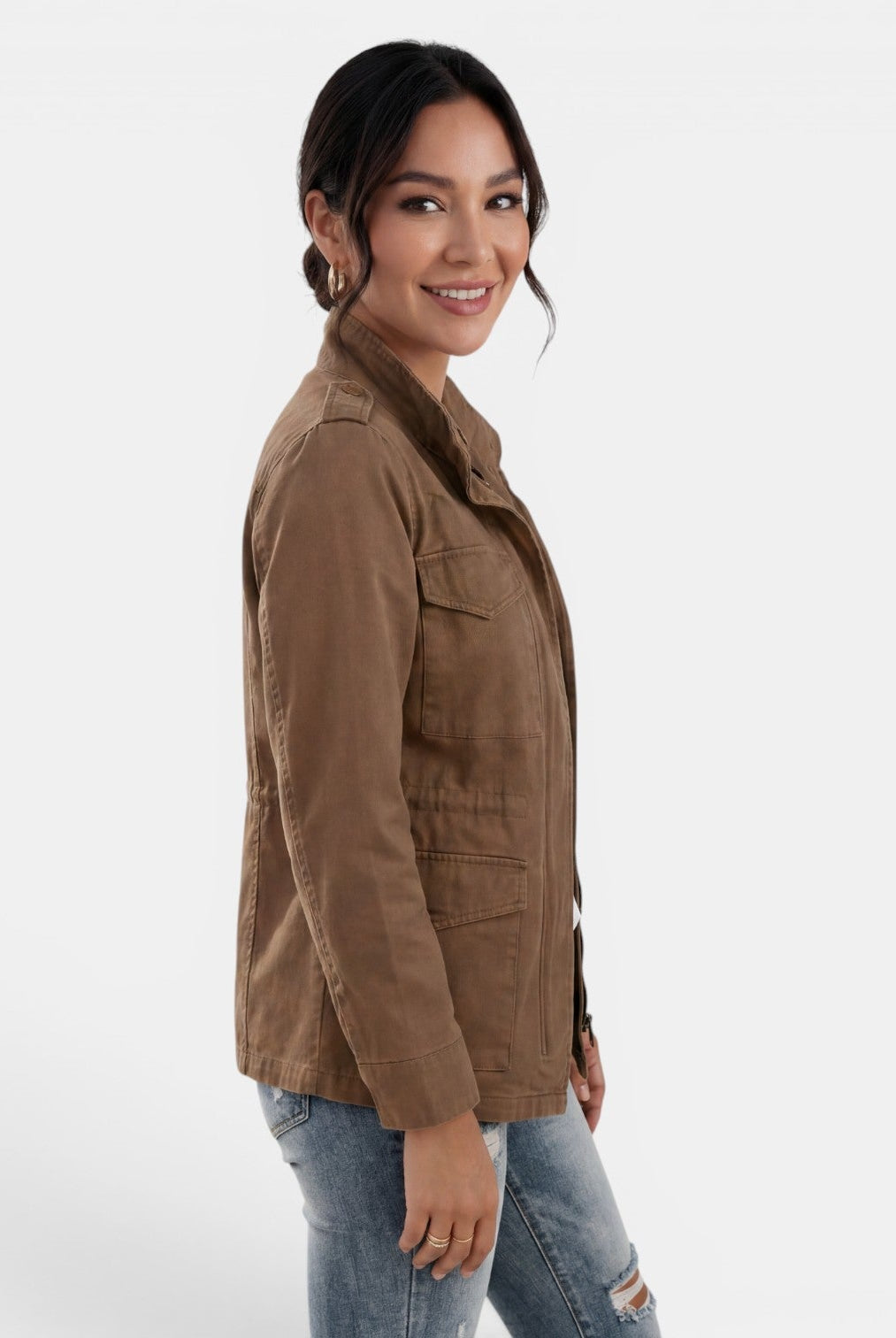Light beige Lumina Wear Isabella relaxed fit utility jacket with adjustable collar, shown on a hanger.