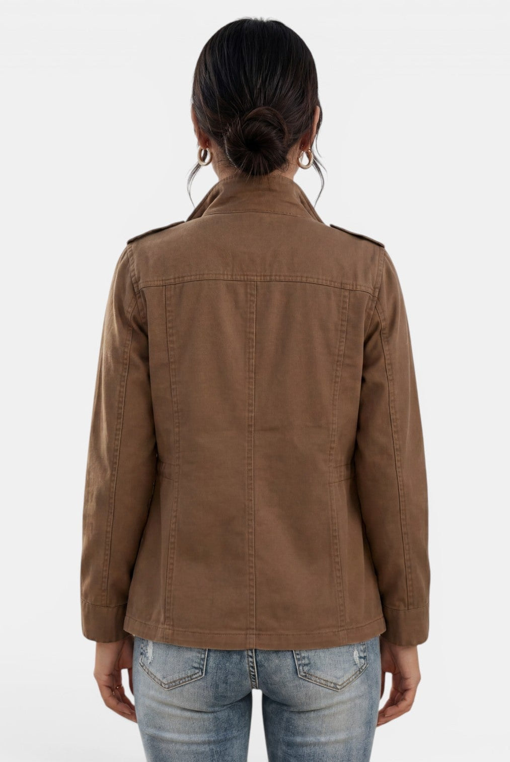 Lumina Wear Isabella relaxed fit utility jacket with adjustable collar, featuring multiple pockets and lightweight fabric.