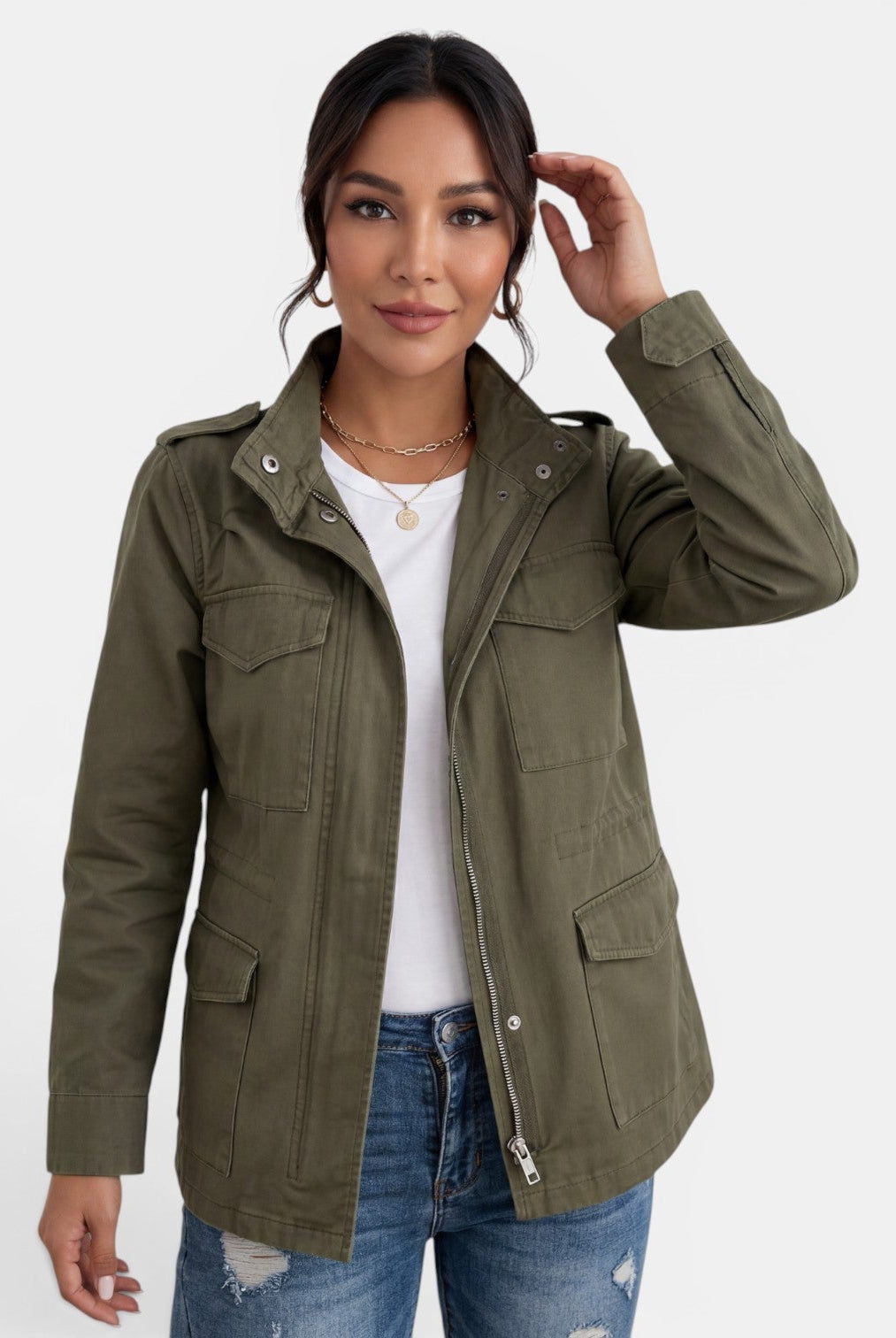 Light brown Lumina Wear Isabella relaxed fit utility jacket with adjustable collar, shown on a hanger.