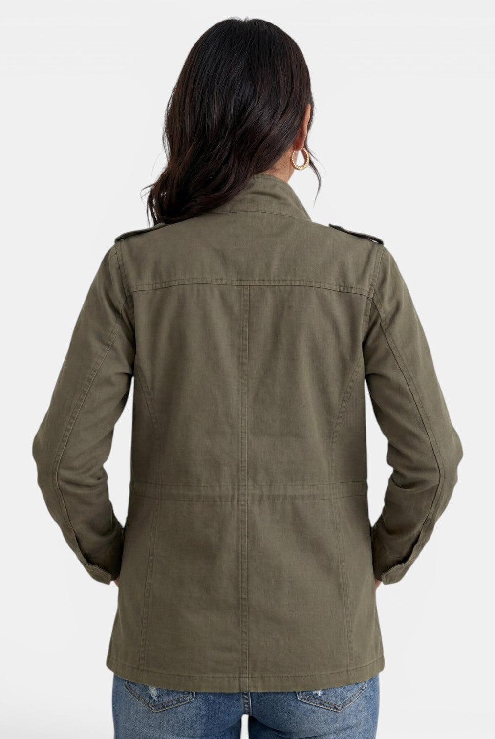 Lumina Wear Isabella relaxed fit utility jacket with adjustable collar, shown in a casual outdoor setting.