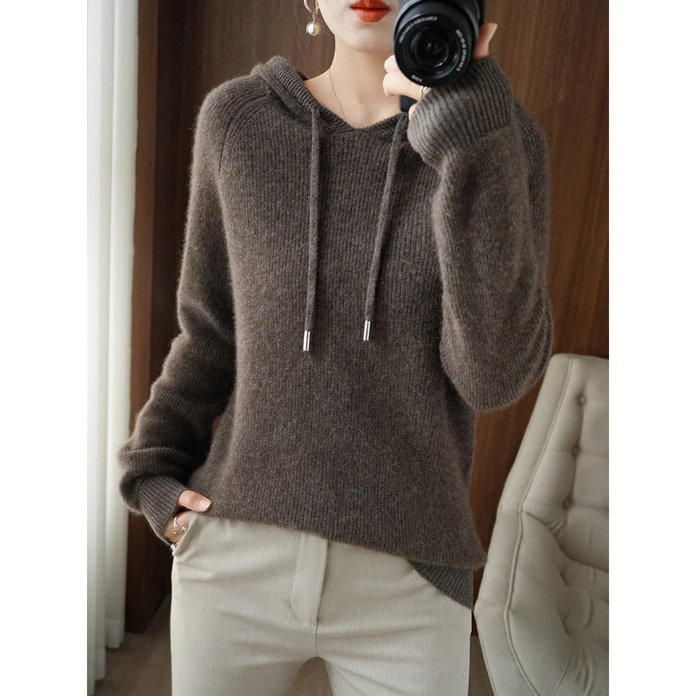 Women’s Lumina Wear Isabella relaxed hooded knit sweater with soft textured fabric, casual cozy style, front view.
