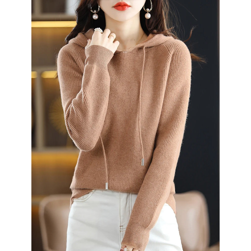 Lumina Wear Isabella women's hooded knit sweater with relaxed fit and soft textured fabric, perfect for cozy casual wear.