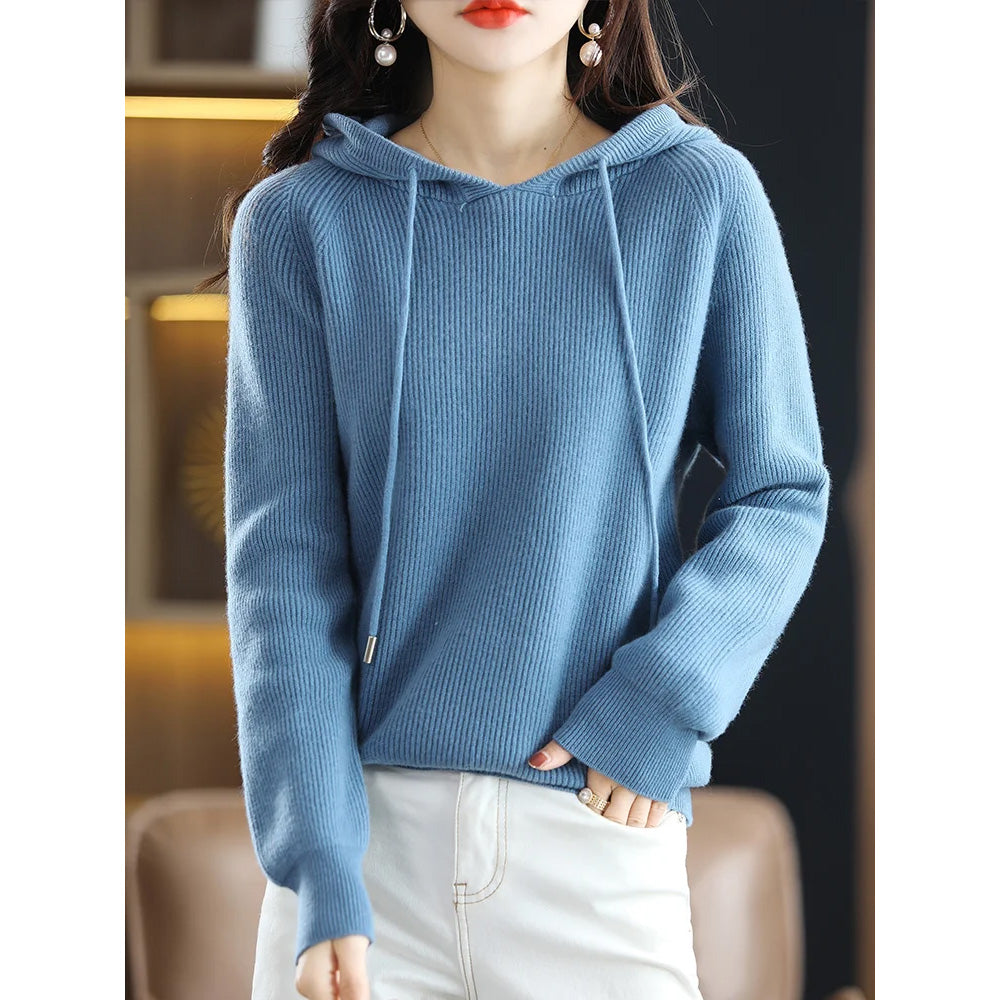 Lumina Wear Isabella women's hooded knit sweater with relaxed fit and soft textured fabric, perfect for cozy casual wear.