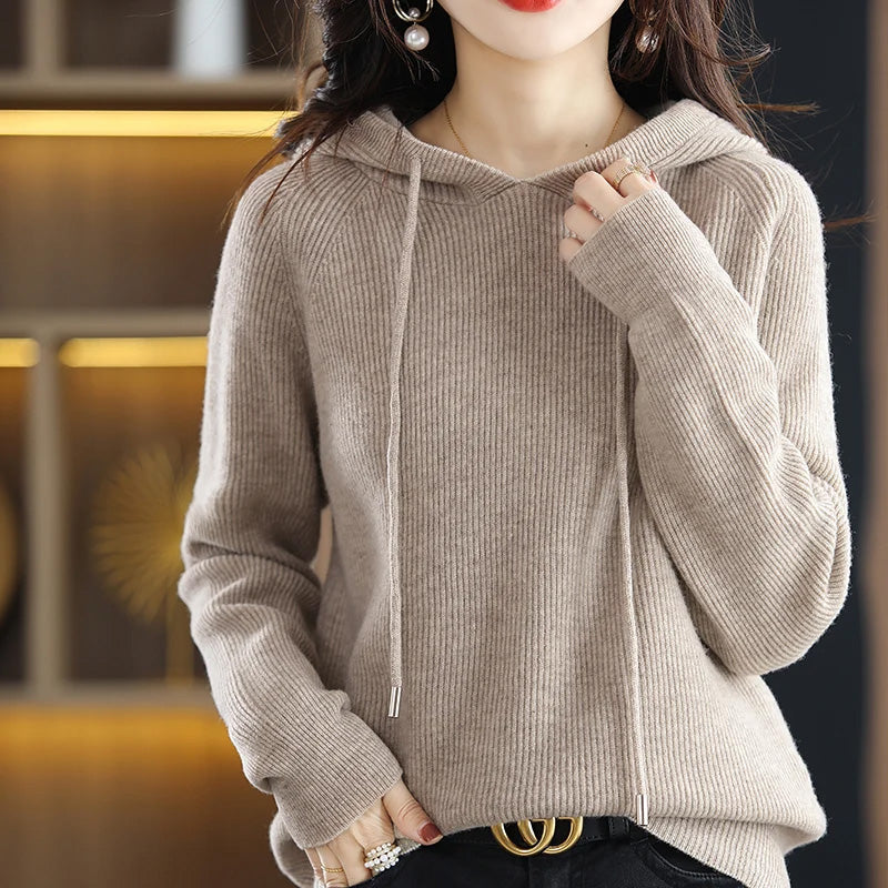 Lumina Wear Isabella relaxed hooded knit sweater for women, featuring soft textured fabric and a cozy, casual fit.