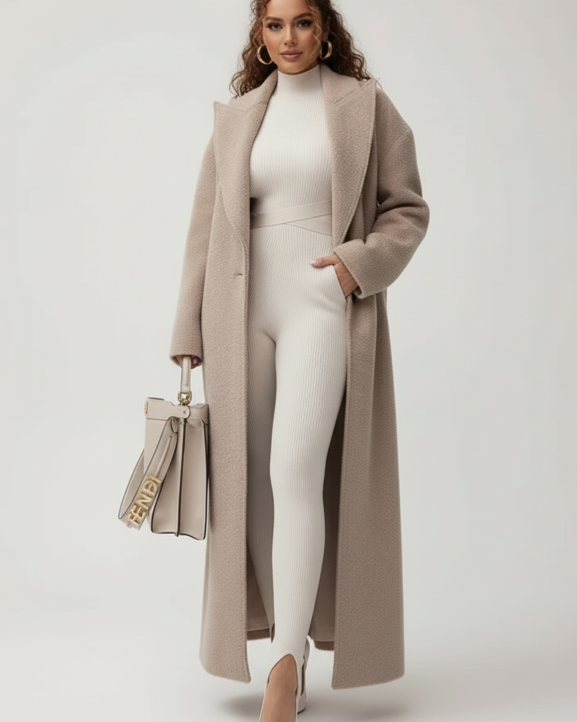 Isabella Lumina Wear oversized wool-blend overcoat with shawl collar, relaxed fit, and neutral color, displayed on a mannequin.