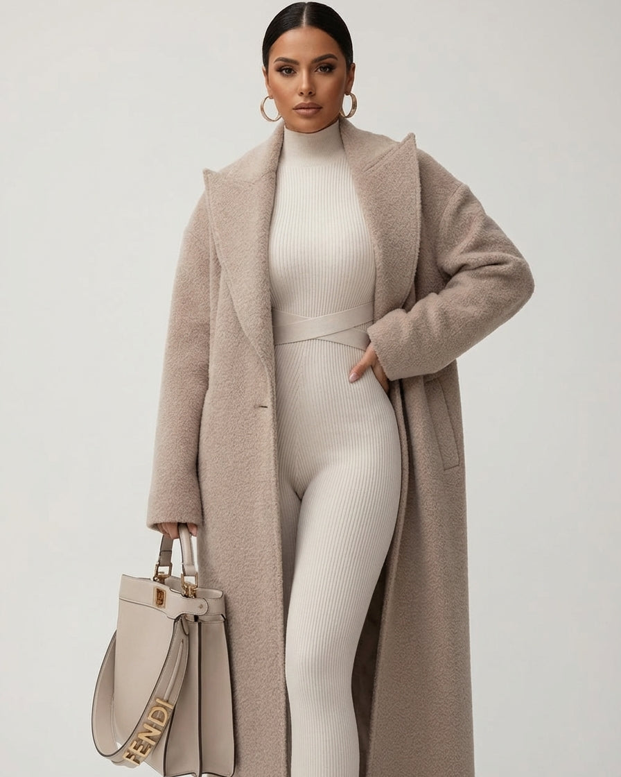 Lumina Wear Isabella oversized wool-blend overcoat with shawl collar, relaxed fit, in neutral tones displayed on a mannequin.