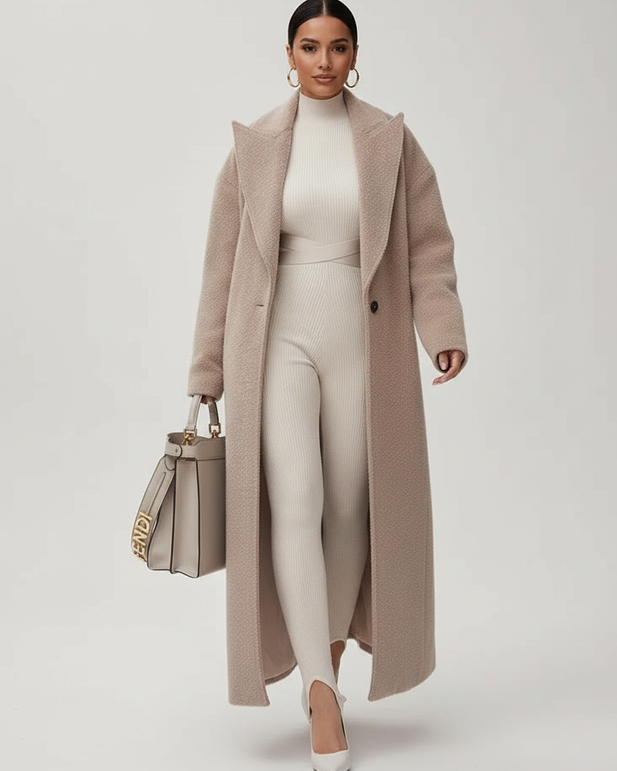 Light gray oversized wool-blend overcoat with shawl collar from Lumina Wear, featuring a relaxed fit and cozy design.