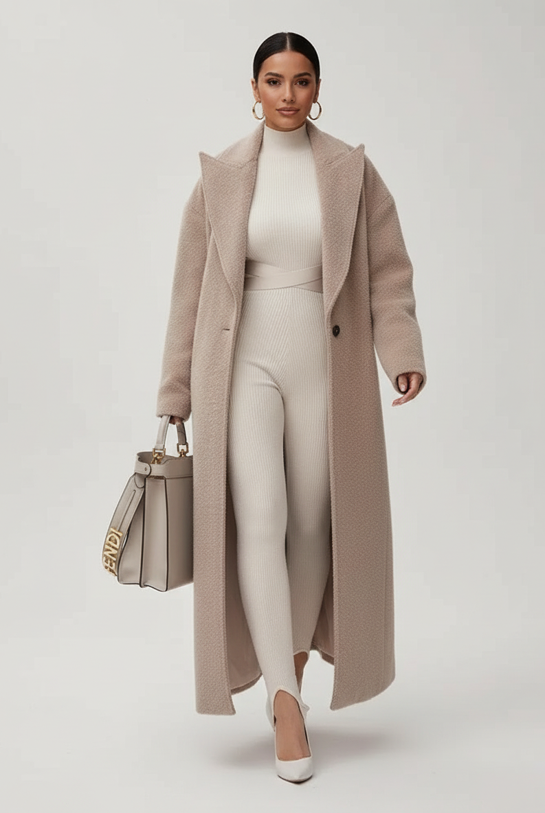 Isabella Lumina relaxed oversized wool-blend overcoat with shawl collar, displayed on a hanger showing its cozy, stylish design.