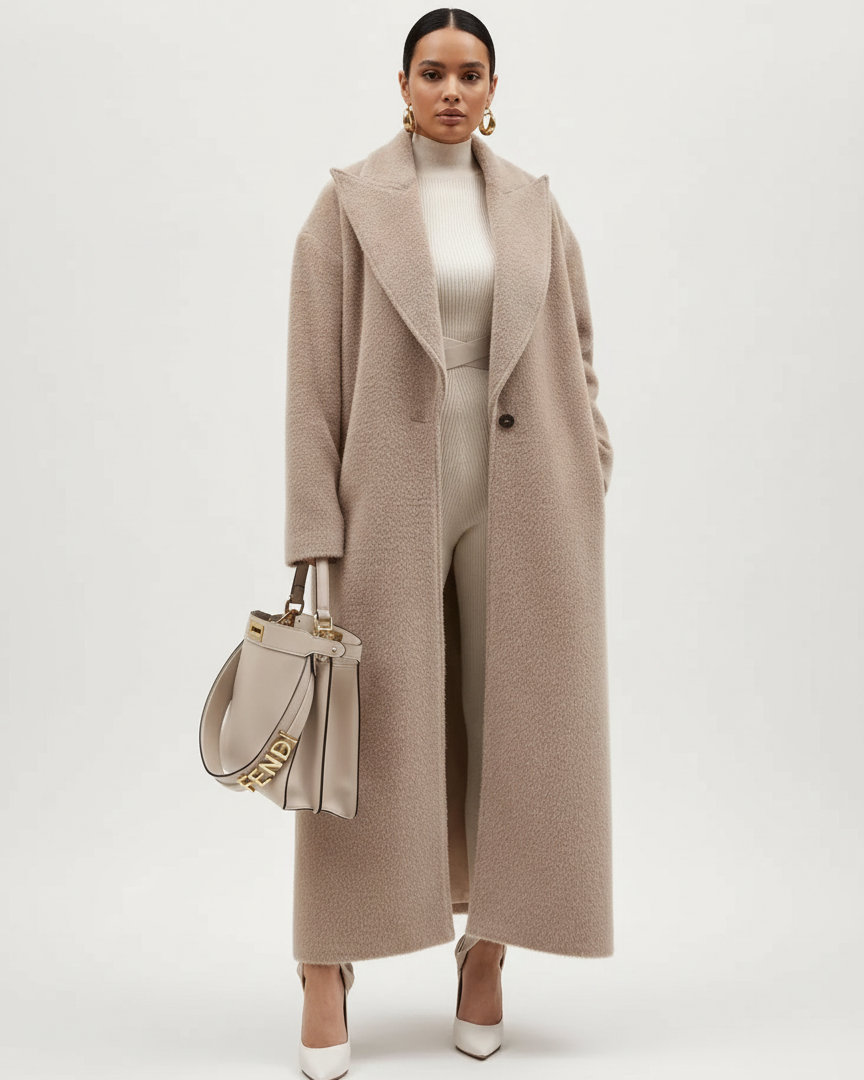 Lumina Wear Isabella oversized wool-blend overcoat with shawl collar, relaxed fit, in neutral tones, displayed on a hanger.