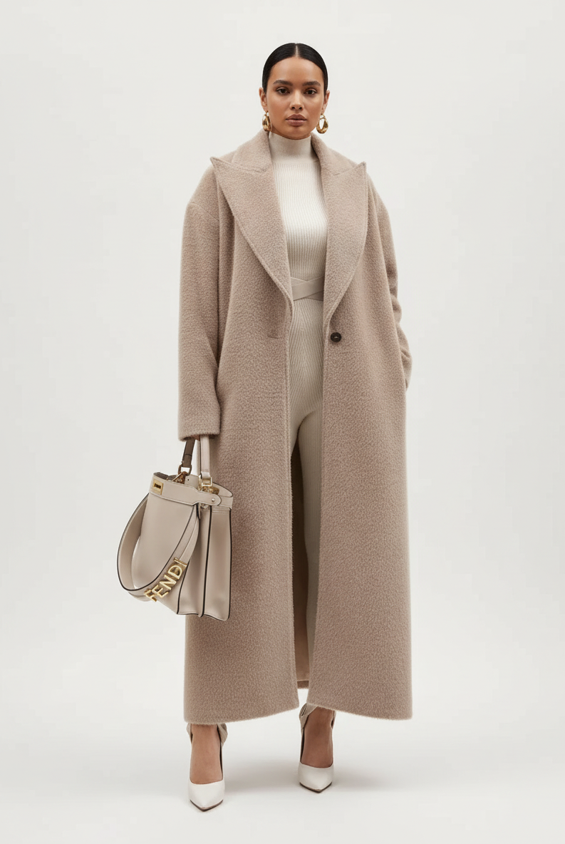 Isabella Lumina relaxed oversized wool-blend overcoat with shawl collar, shown in a cozy, stylish coat with a soft texture.