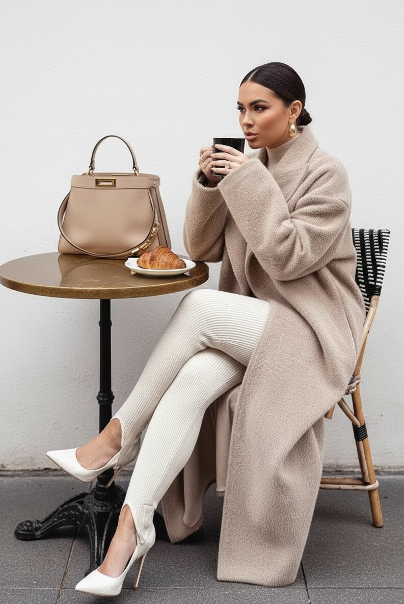 Isabella Lumina oversized wool-blend overcoat with shawl collar, relaxed fit, in neutral color, styled for casual wear.