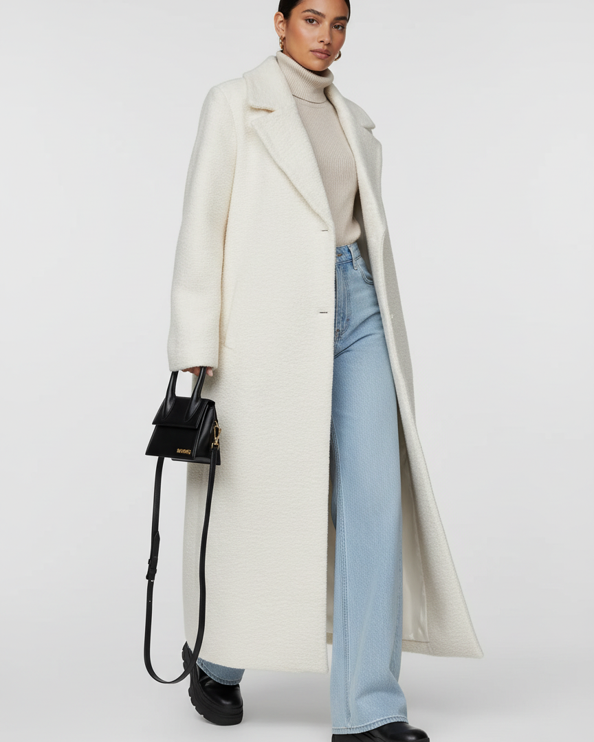 Lumina Wear Isabella relaxed oversized wool-blend coat with shawl collar, showcasing cozy, stylish outerwear for cold weather.