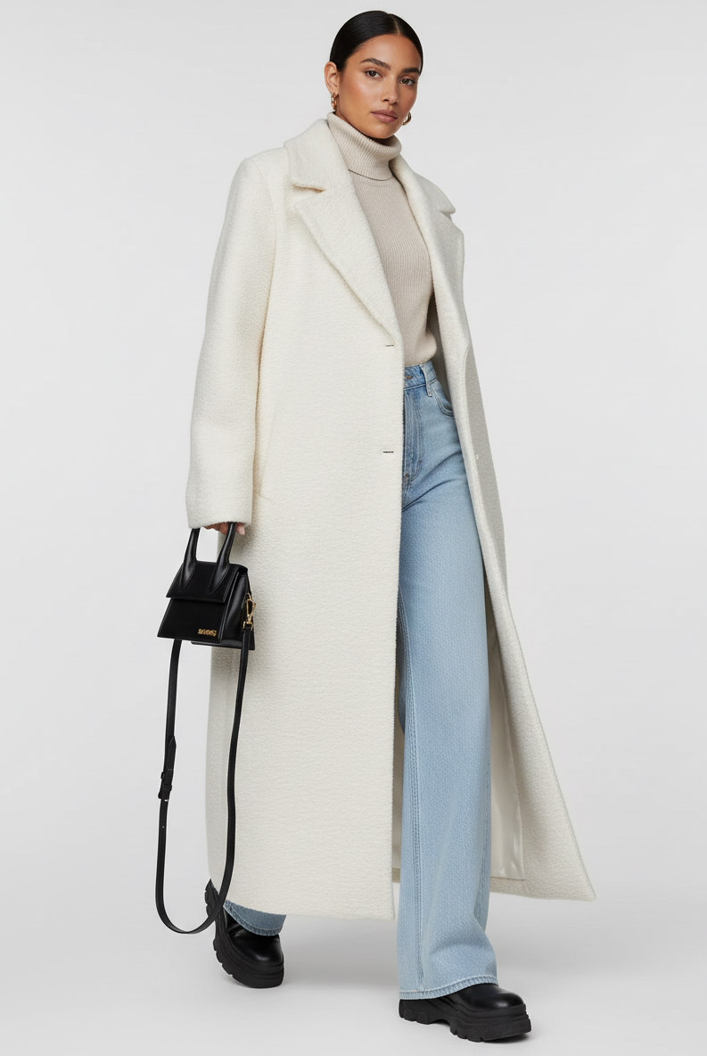 Light gray oversized Wool-Blend overcoat with shawl collar from Lumina Wear, styled casually on a model.