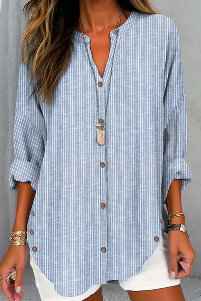 Relaxed striped blouse with button front by Lumina Wear, featuring a comfortable fit and stylish design.