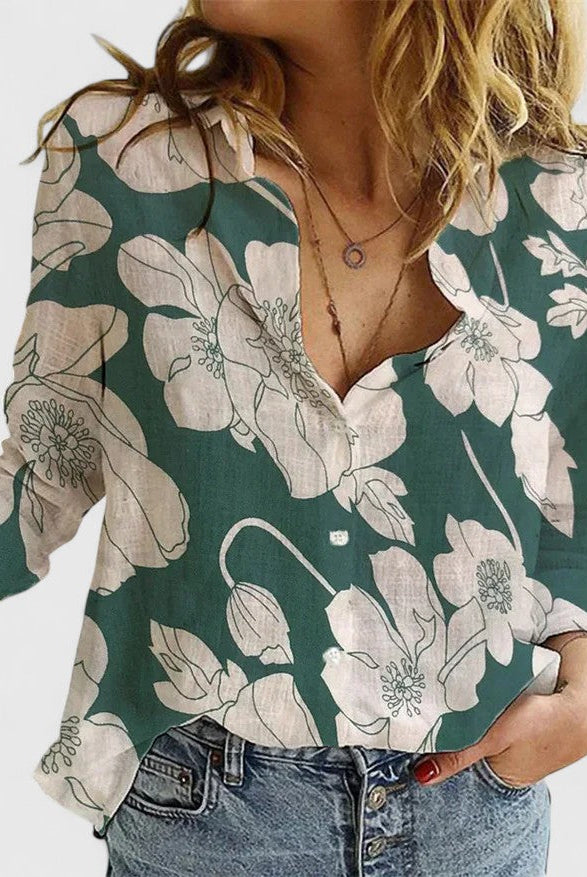 Isabella Lumina Wear relaxed V-neck blouse with button front, lightweight fabric, and casual fit, shown on a model.