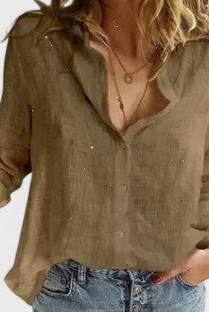 Light blue Isabella Lumina Wear relaxed V-neck blouse with button front, casual style, soft fabric, and long sleeves.