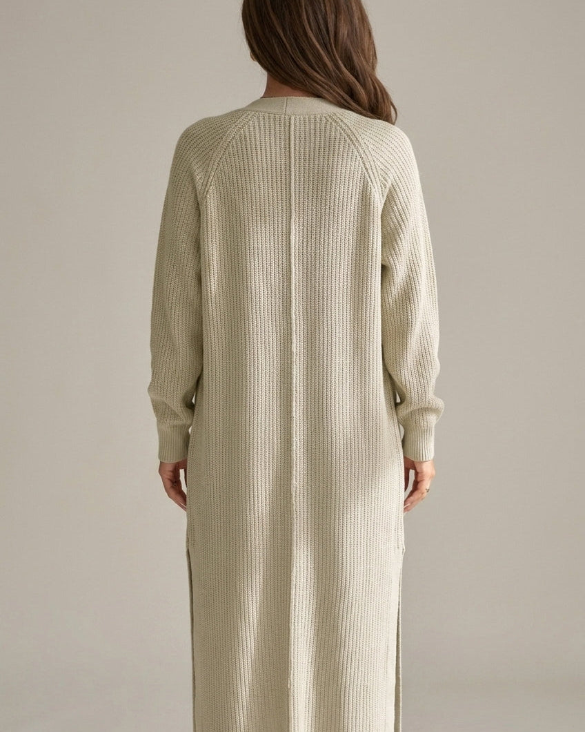 Lumina Wear Isabella relaxed waffle knit maxi cardigan with open front, shown in a cozy, flowy style.