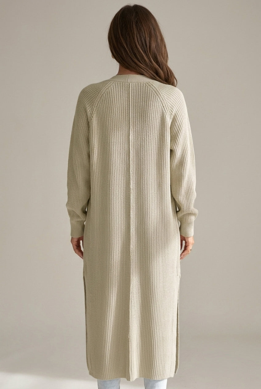 Lumina Wear Isabella waffle knit maxi cardigan with open front, relaxed fit, soft textured sweater for cozy layering.