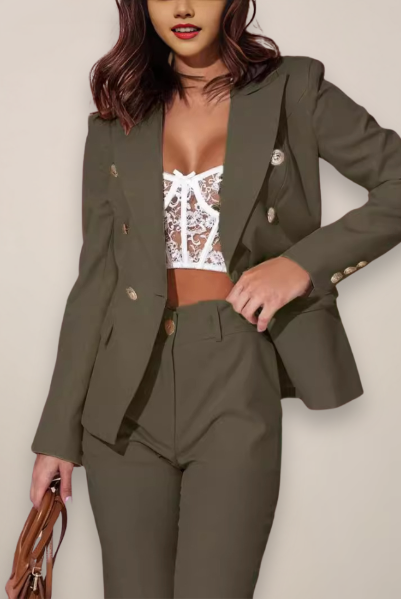 Isabella Lumina Wear tailored blazer suit set with sleek lapels and modern fit, displayed on a hanger.