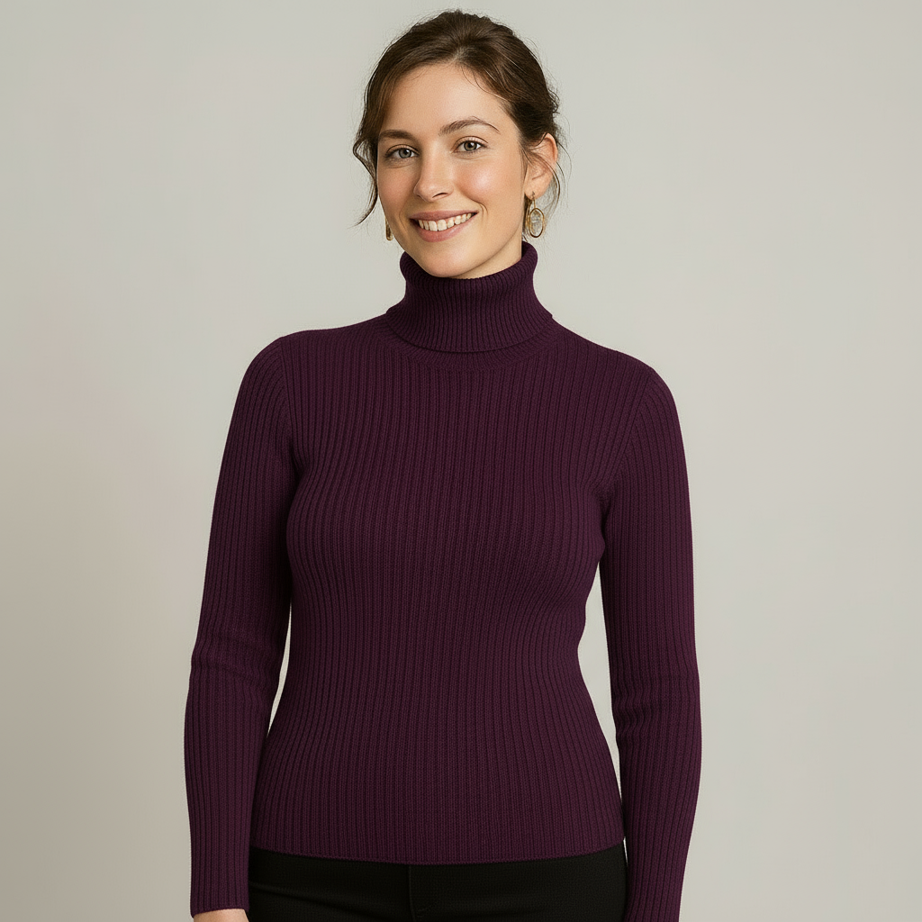 Lumina Wear Isabella slim fit ribbed turtleneck sweater with textured knit, showcasing a cozy, stylish sweater design.