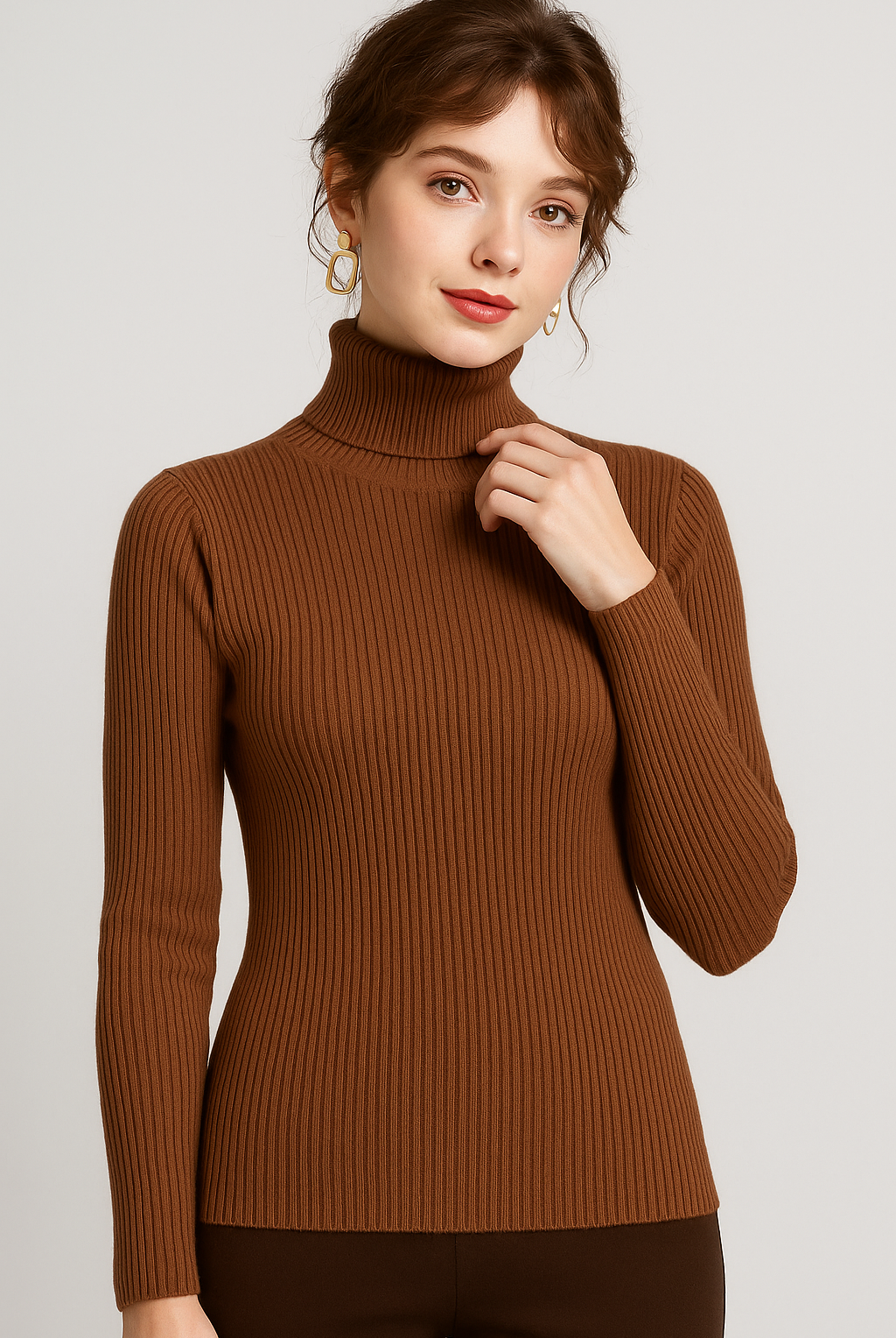 Close-up of Lumina Wear Isabella slim fit ribbed turtleneck sweater with textured knit pattern on a neutral background.