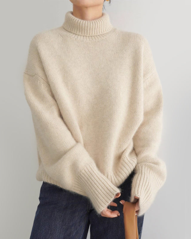 Lumina Wear Isabella soft relaxed knit turtleneck sweater featuring a cozy fit, perfect for casual and comfortable winter outfits.