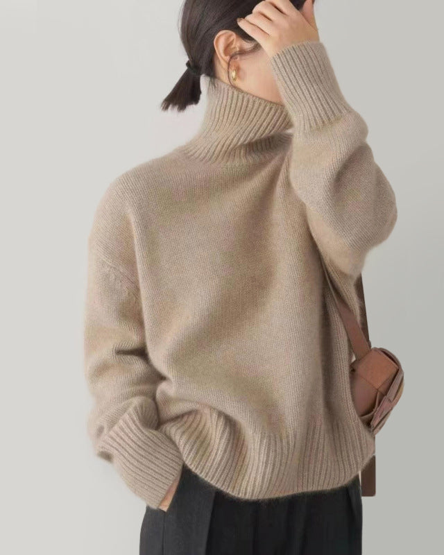 Lumina Wear Isabella soft relaxed knit turtleneck sweater with cozy fit, showcasing a comfortable, stylish knitted sweater design.