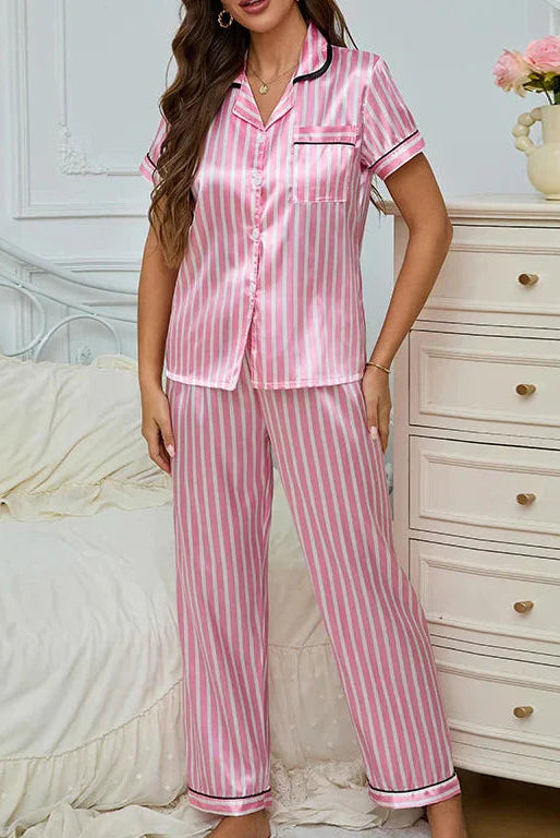Isabella striped women's sleepwear pajama set with contrast piping by Lumina Wear, featuring a comfortable, stylish design.