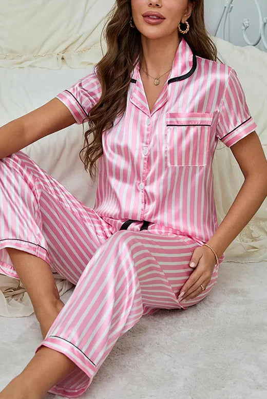 Mireille striped contrast piping women's pajama set by Lumina Wear, featuring a comfortable sleepwear design with classic pattern.