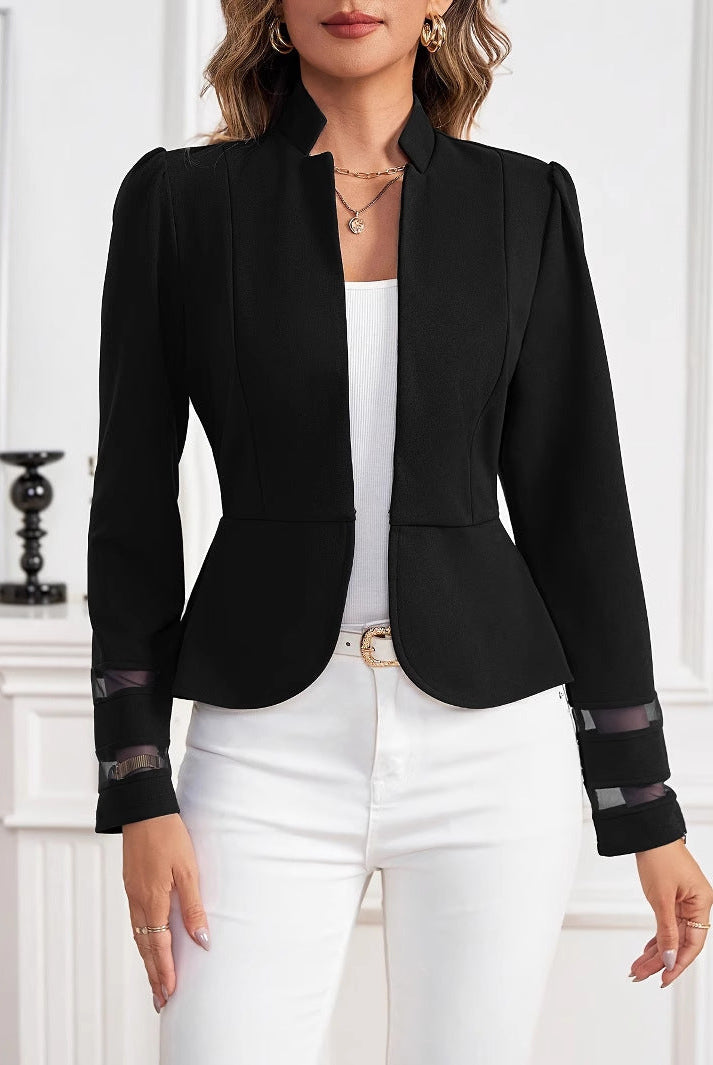 Structured slim fit peplum blazer by Lumina Wear with sheer cuffs, tailored design, and classic lapel in a professional style.