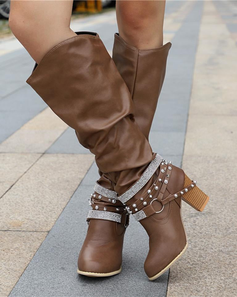Lumina Wear Isabella studded strap slouch knee-high boots with block heel, featuring a stylish design and textured leather finish.