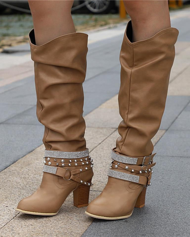 Lumina Wear Isabella knee-high boots with studded strap detail, slouch design, and block heel, stylish footwear for women.