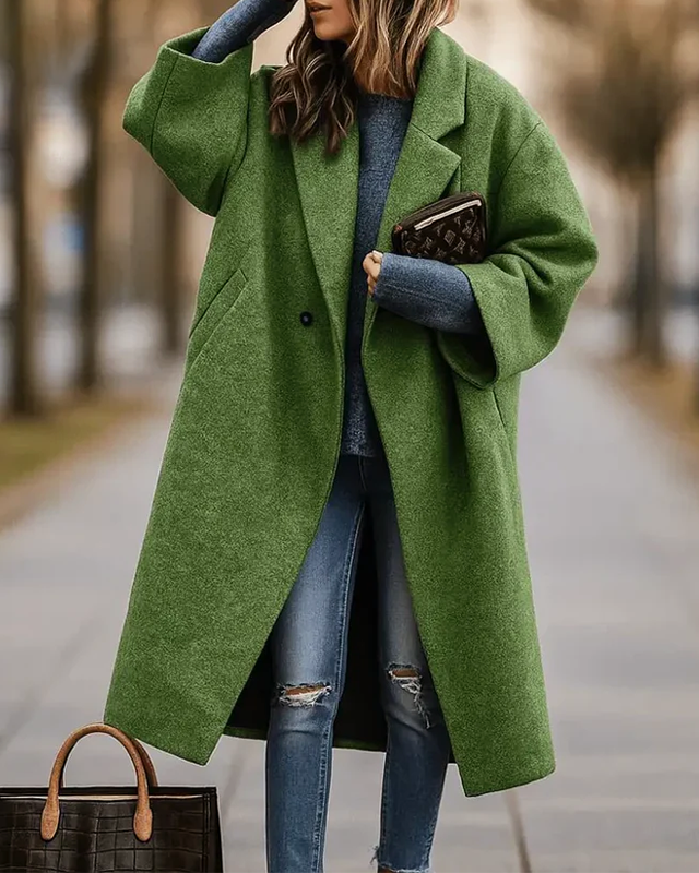 Lumina Wear Isabella women's long winter coat with stylish wide collar and sleek button front, perfect for cold weather.
