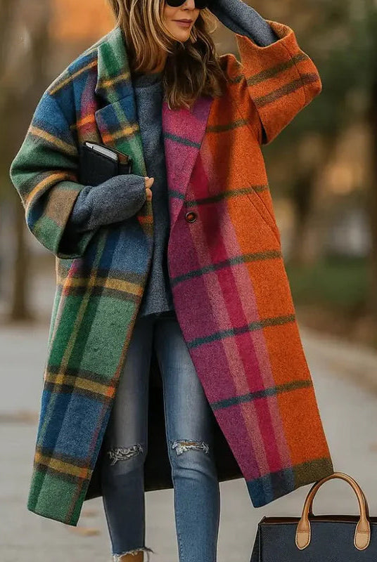 Women's Isabella winter coat with wide collar, sleek button front, long length, in a stylish design by Lumina Wear.